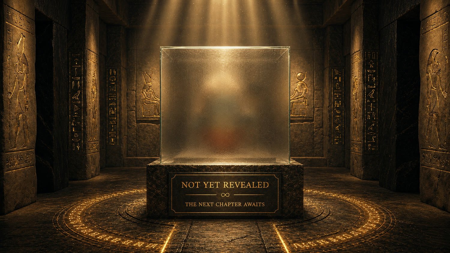 Not yet revealed. The next chapter awaits. A shrouded artifact behind glass.