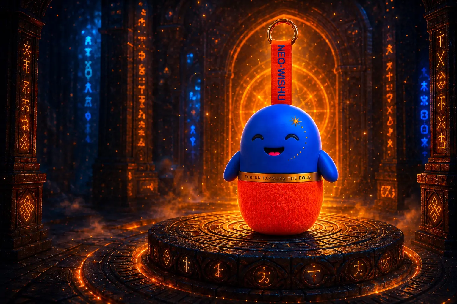 NEO-WISHU resting on a glowing runic pedestal inside an ancient rune temple