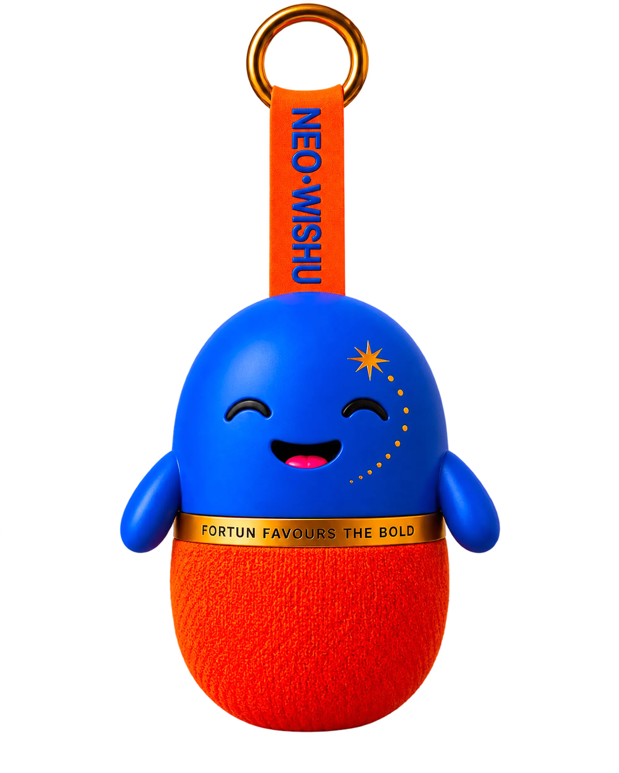 NEO-WISHU blue and orange companion charm with an orange NEO-WISHU strap and gold ring